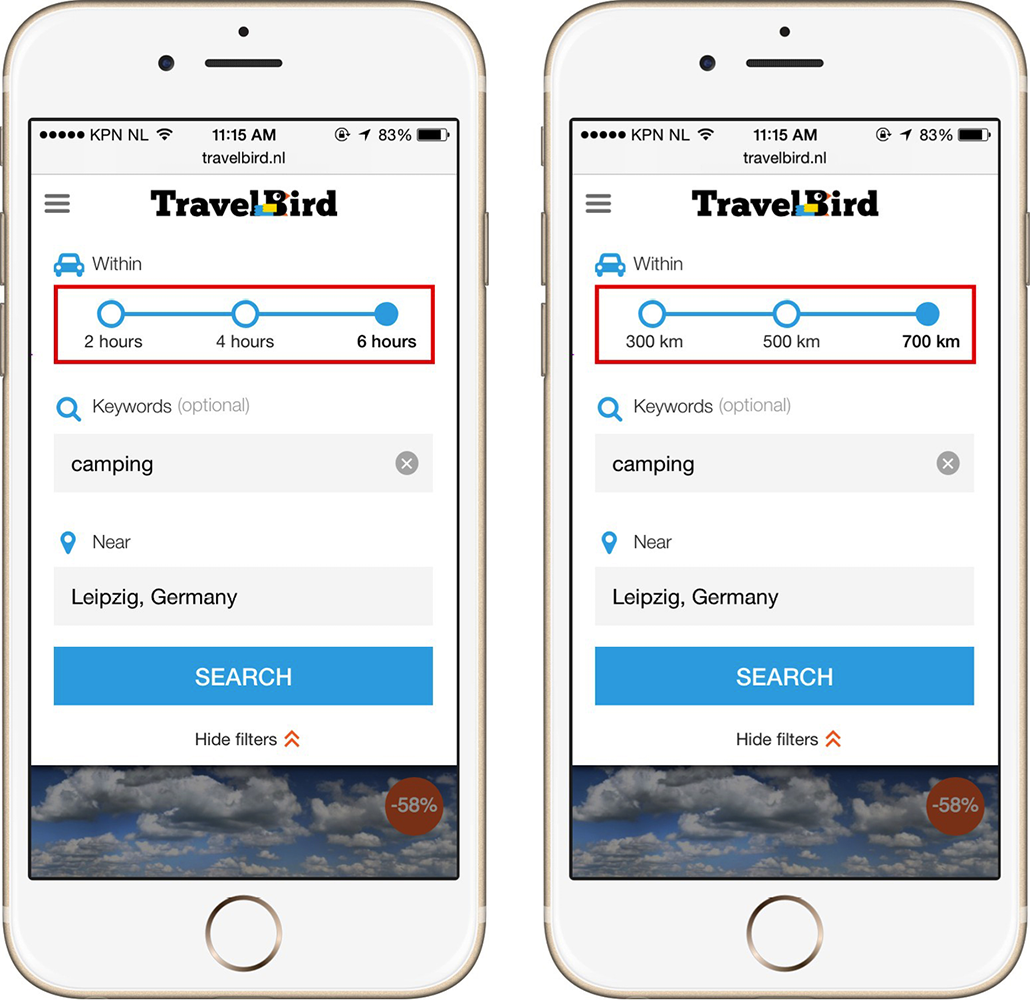 Comparison of two screens for a TravelBird search for camping near Leipzig, Germany, with one for options within six hours and the other for options within 700 kilometers.