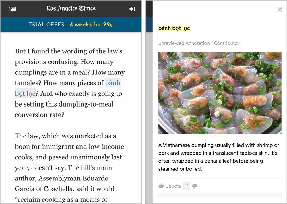 A popup on an article on the Los Angeles Times showing an image and definition for a type of Vietnamese dumpling.