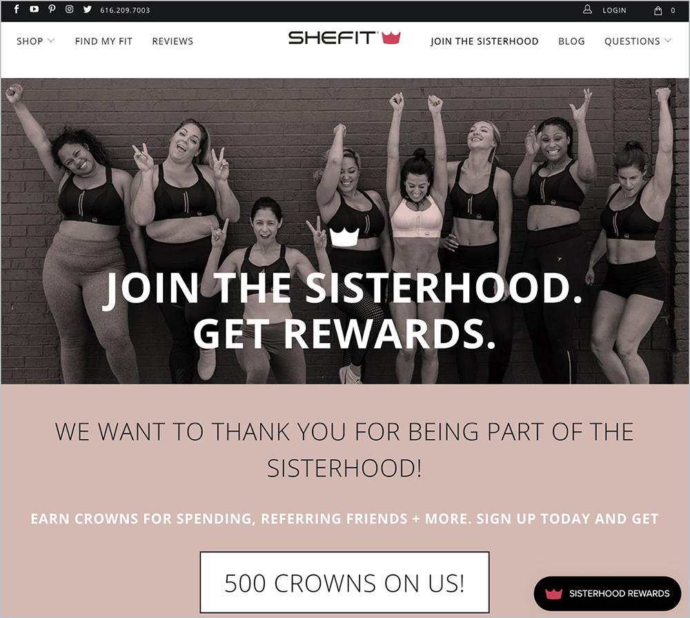 Shefit.com Rewards page with the headline “Join the sisterhood. Get rewards. We want to thank you for being part of the sisterhood!”