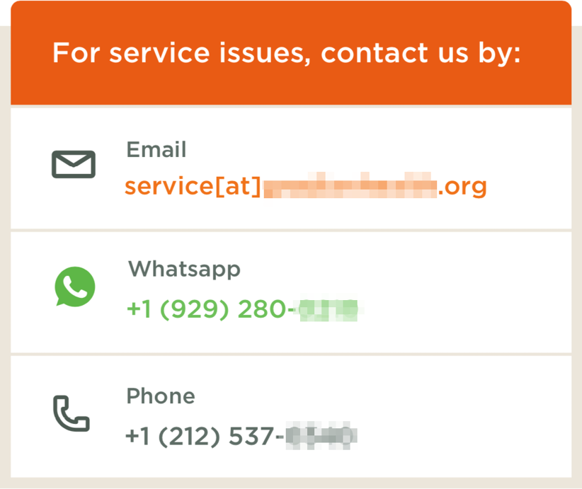 A contact module showing an email address, Whatsapp number, and phone number.
