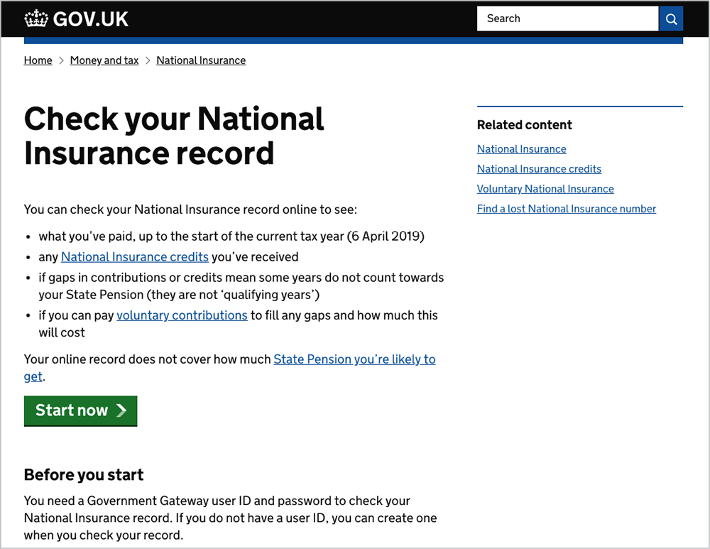 National Insurance page on GOV.UK demonstrating how content is surfaced clearly and written in plain language.
