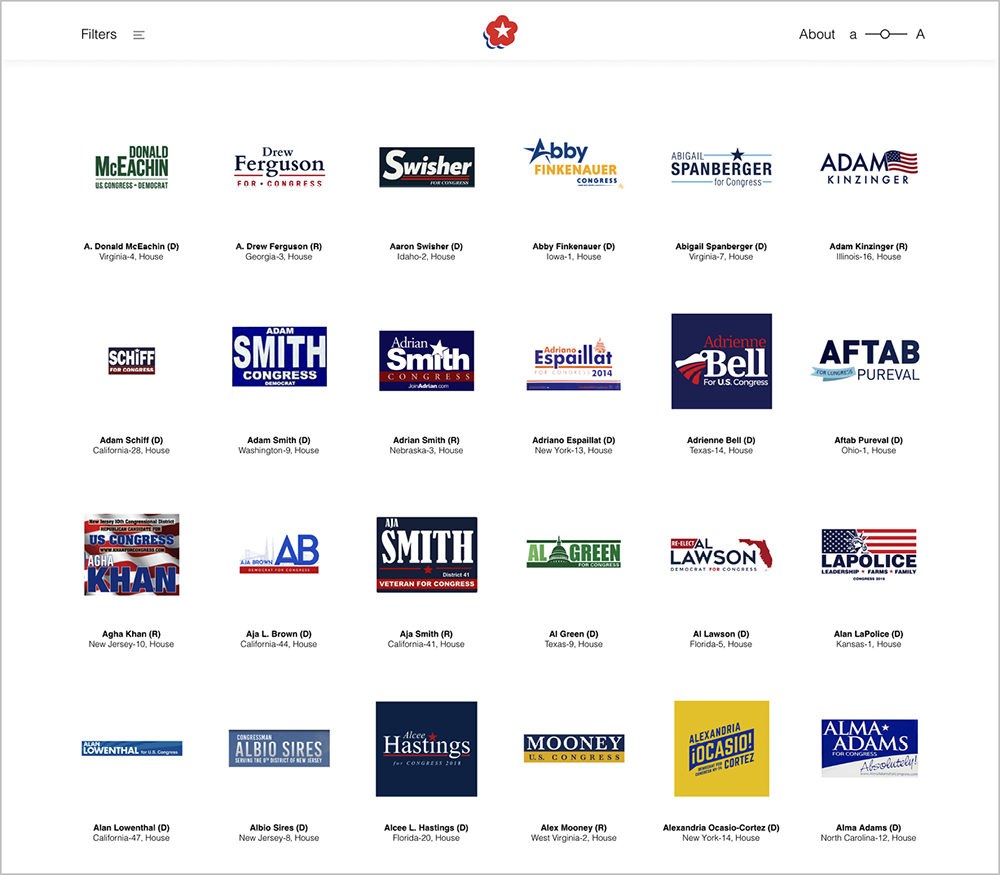 Grid showing twenty-four logos from 2018 American Congressional campaigns, many using the colors red, white, and blue.