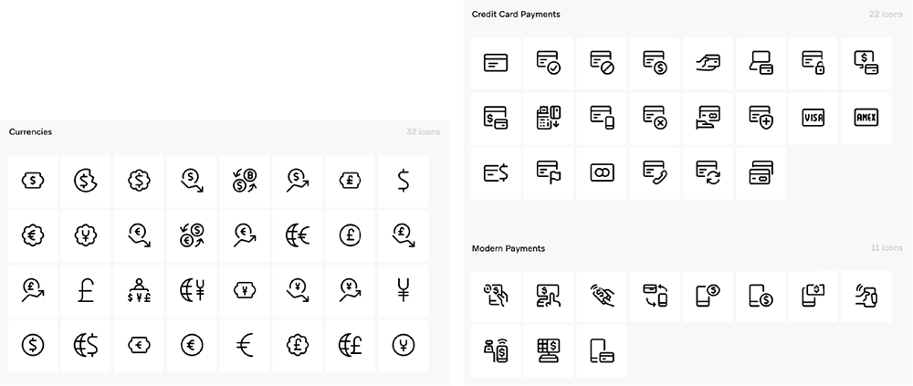 Dozens of simple line icons in the Streamline library for currencies, credit cards, and other financial symbols.