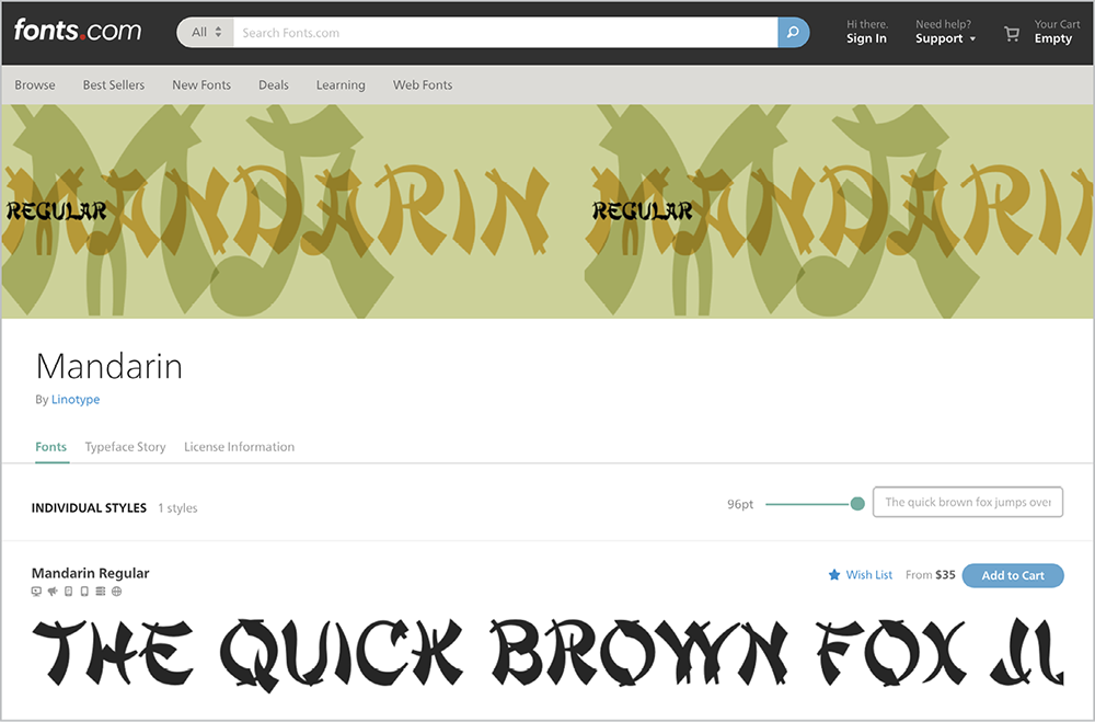The Fonts.com page for Mandarin, showing its use in the sentence “The quick brown fox”.