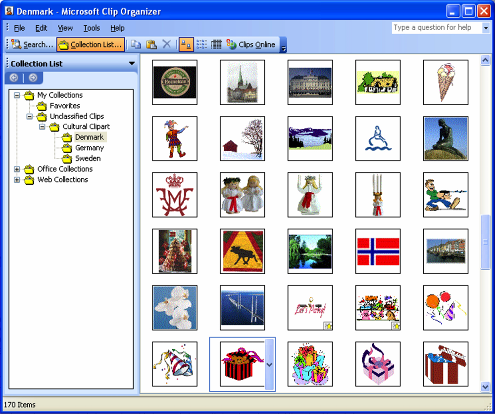 Microsoft Clip Organizer showing a folder with images related to holidays, cultural practices, and locations.