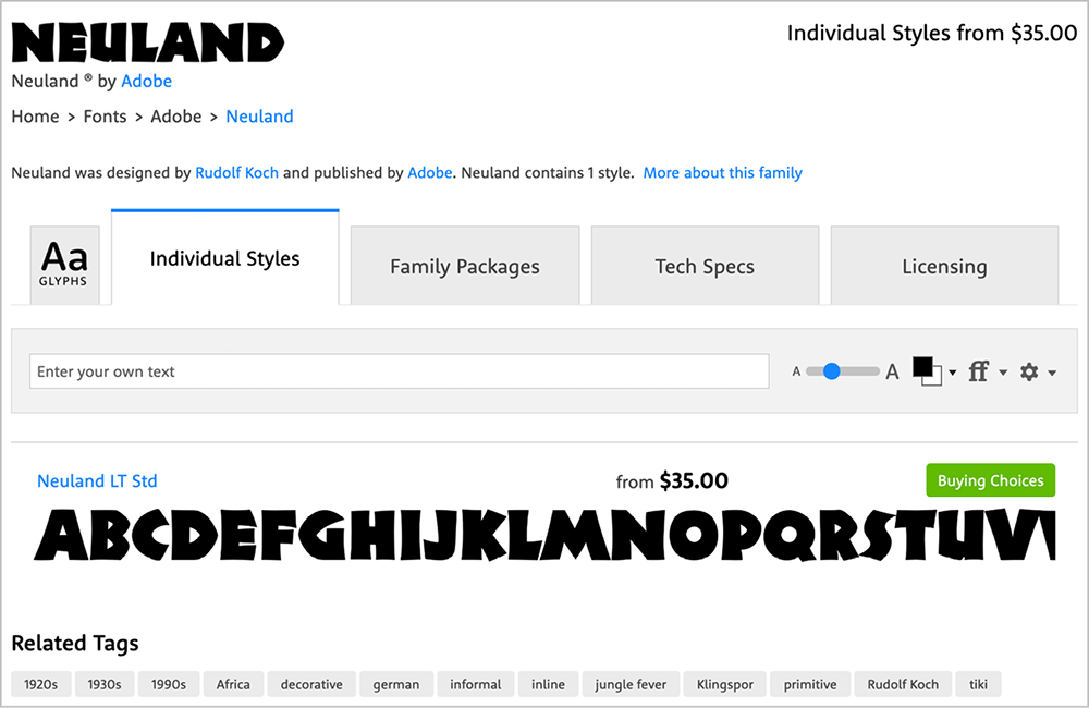 The MyFonts page for Neuland, showing the letters of the alphabet and “Related Tags”.