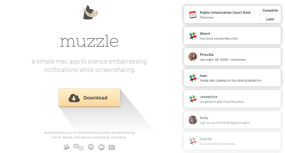 Muzzle homepage showing potentially embarrassing computer alerts such as “Public Intoxication Court Date” and “Your boss sounds like a tool.”