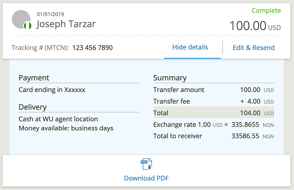 Western Union module for a payment transfer, showing the exchange rate along with the payment itself.