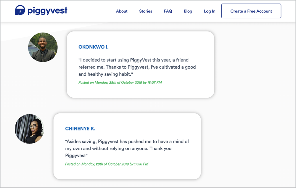 Testimonials about personal financial success on the PiggyVest website with client names and photographs.