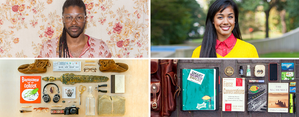 A man in glasses and a pink shirt juxtaposed with his belongings, and a woman with long hair and a yellow sweater juxtaposed with her belongings.