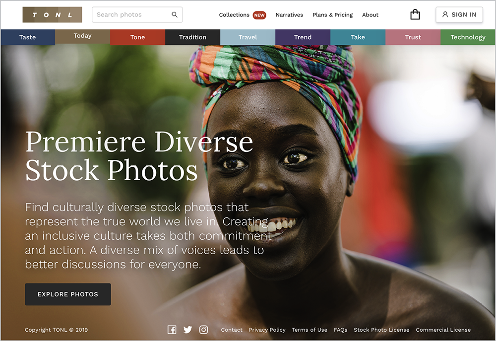 Homepage for Tonl.co, showing a woman in a colorful headwrap and the headline “Premiere Diverse Stock Photos”.