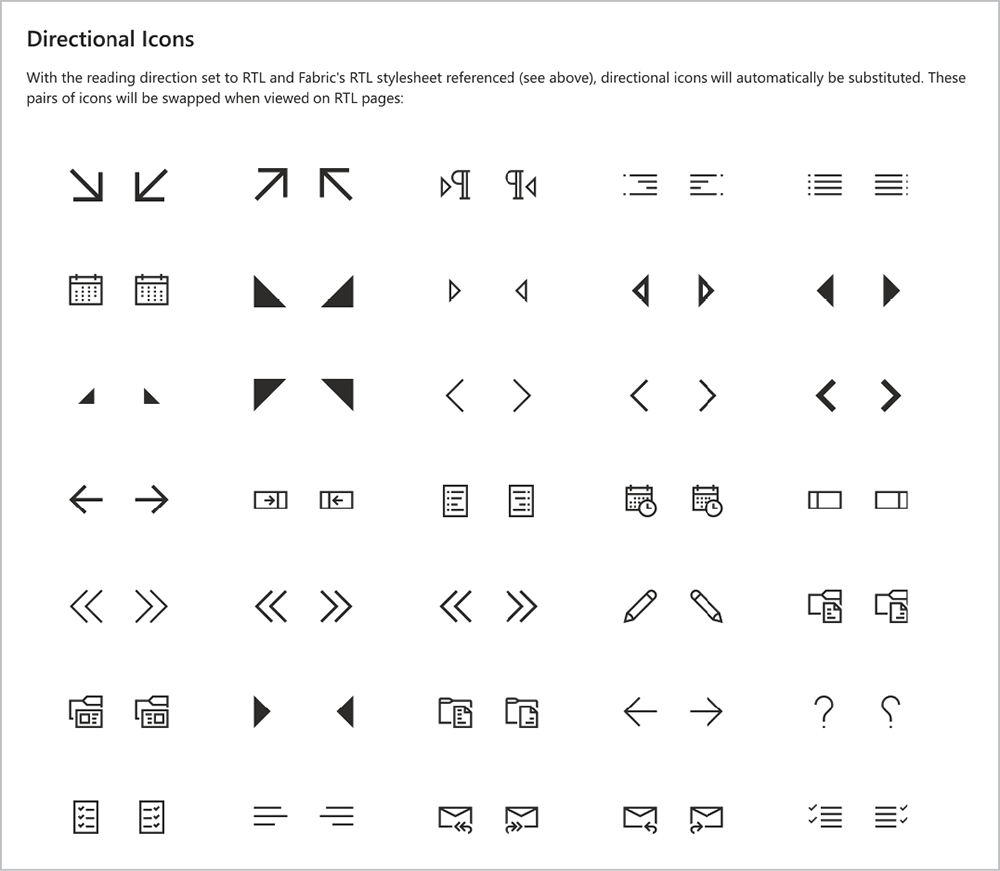 Grid of thirty icons showing how to correctly mirror them for right-to-left layouts.