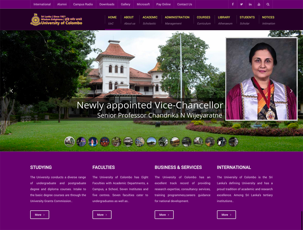 University of Colombo homepage with photograph of professor and headline “Newly Appointed Vice-Chancellor.”