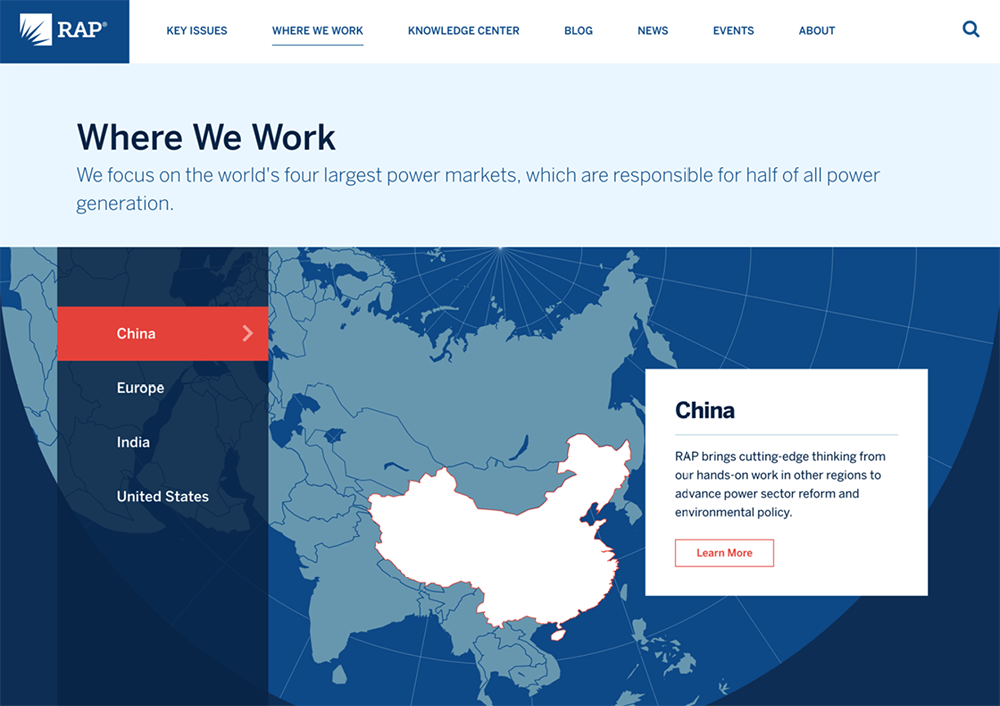 Website showing a list of countries and a map with China highlighted.