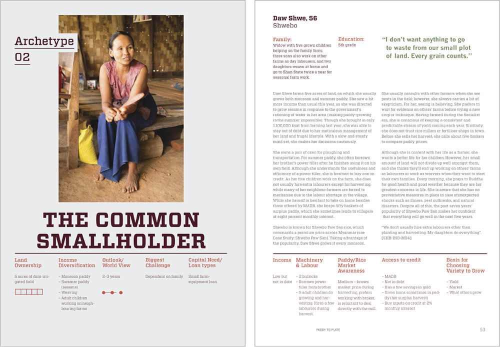 A report page spread showing a woman on a bench next to paragraphs of text, pull quotes, and other callout details.