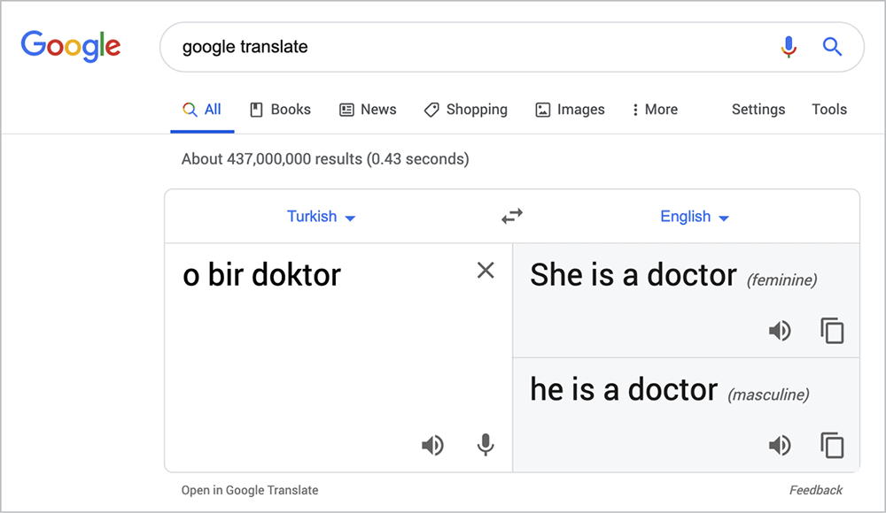 Google Translate page showing “o bir doktor” in Turkish translated to “She is a doctor” and “he is a doctor” in English.