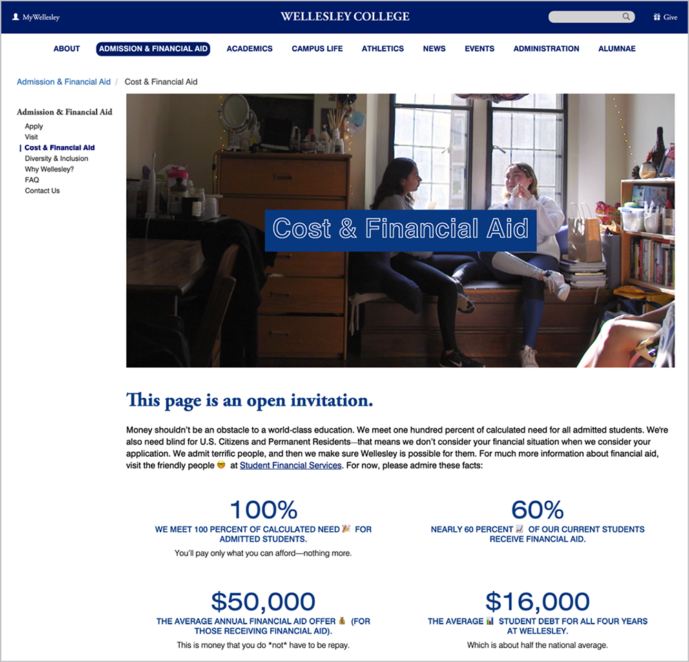 Cost and Financial Aid page for Wellesley College showing statistics about student financial aid.