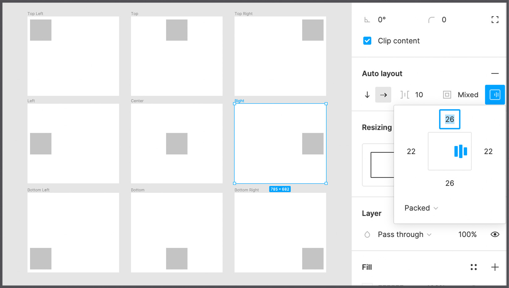 Figure 6.5 – The different alignments on a fixed size frame 