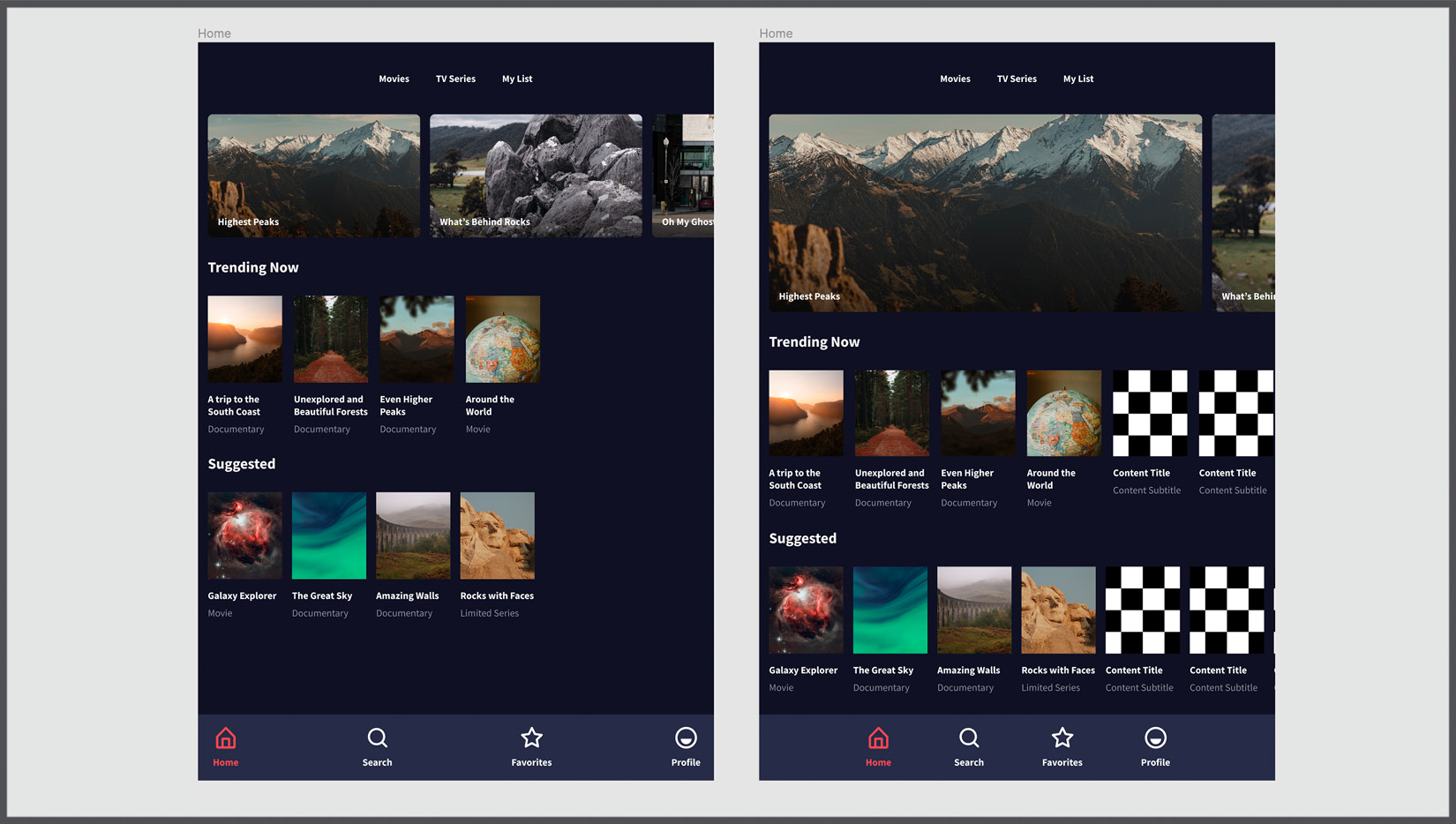 Figure 8.19 – Home view with fluid layout (left) and with a breakpoint redesign (right) 
