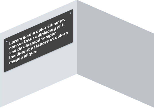 Two-toned diagram of a corner of a room. The left side is light grey with a dark grey rectangle showing Lorem Ipsum text.