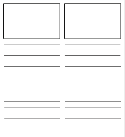 A storyboard template with empty rectangles (4-up) and blank lines for text beneath each rectangle.