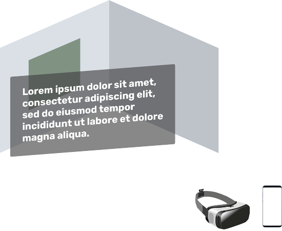 Two-toned diagram of room corner with a floating dark grey rectangle showing Lorem Ipsum text. A pair of AR goggles and a phone screen are to the bottom right of the room diagram.