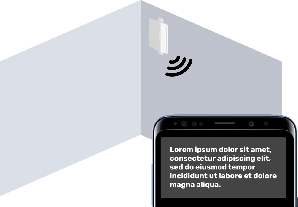 Two-toned diagram of a room with a small white beacon box in the corner. Transmission waves connect the beacon to a phone screen showing Lorem Ipsum text.