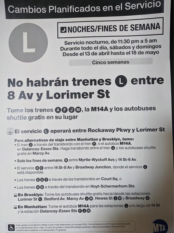 New York City Transit sign in black text on white paper, in Spanish language, presenting comprehensive service alerts and route information.