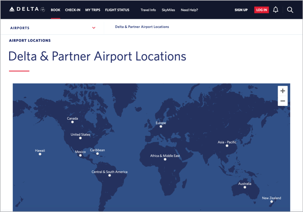 Delta web page showing a two-toned dark blue world map with airport and partner airport locations.