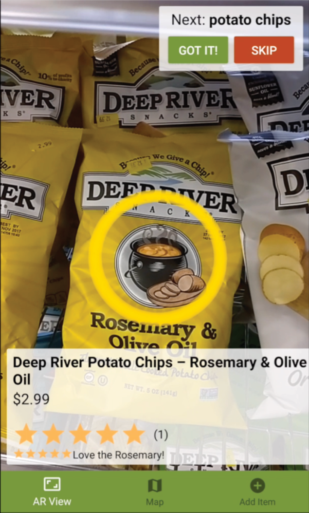 Mobile app screen showing a potato chip bag with a yellow circle in the middle and overlay messages showing product information.