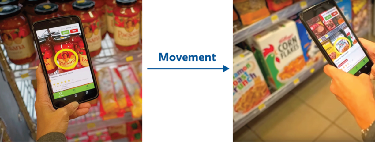 2 photos with an arrow indicating movement between them. Smartphone showing: a live photo of sauce jars (left) and cereal boxes (right).