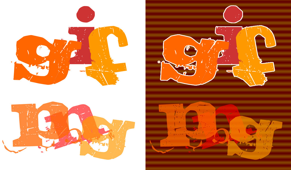 A transparent GIF and a 24-bit PNG, shown against different backgrounds