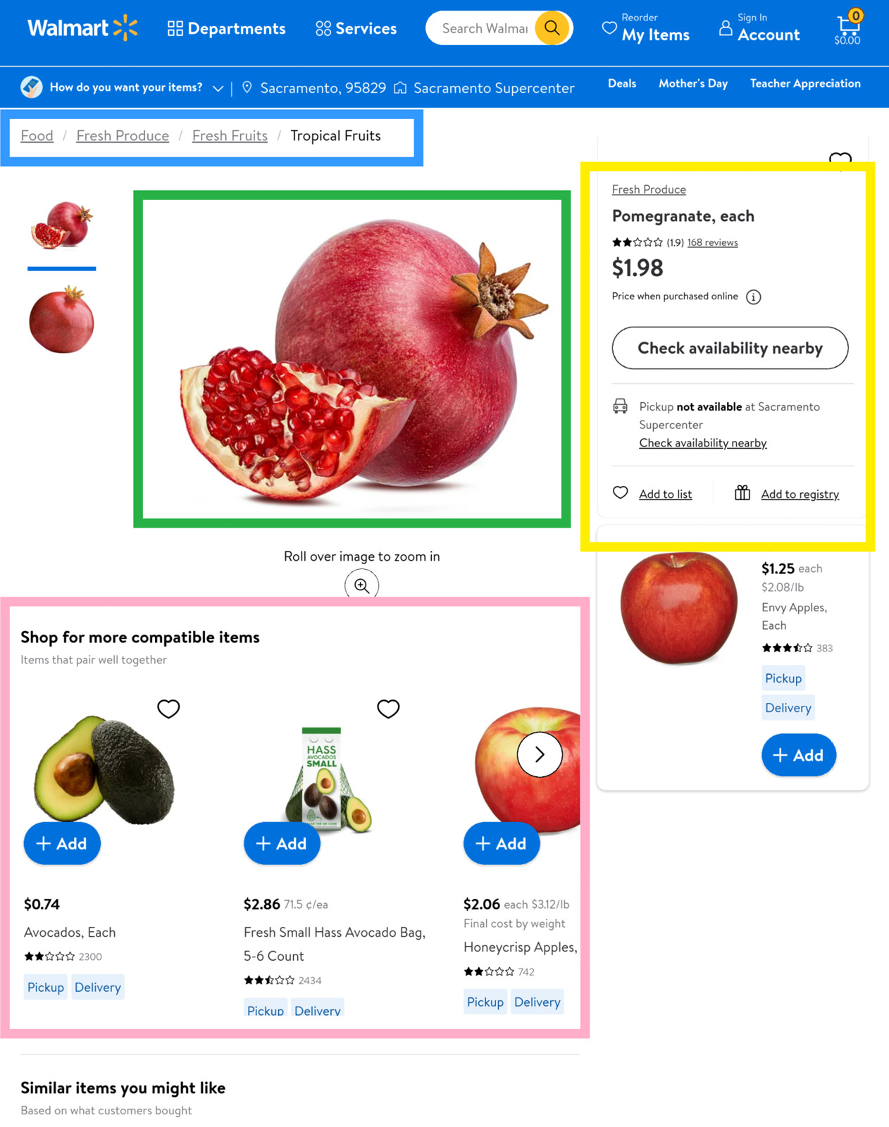 Figure 4.9 – The Walmart product detail page with boxes around parts of the content