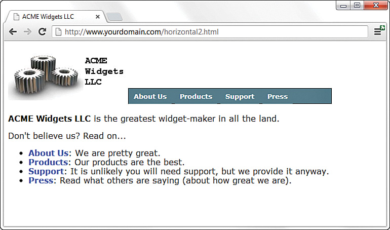 In the screenshot, the web page content of ACME Widgets LLC serves as an example of horizontal navigation in a list. The list items now appear below the cover image (but at the center) stacked side-by-side. The items have a single background color fill to them. 