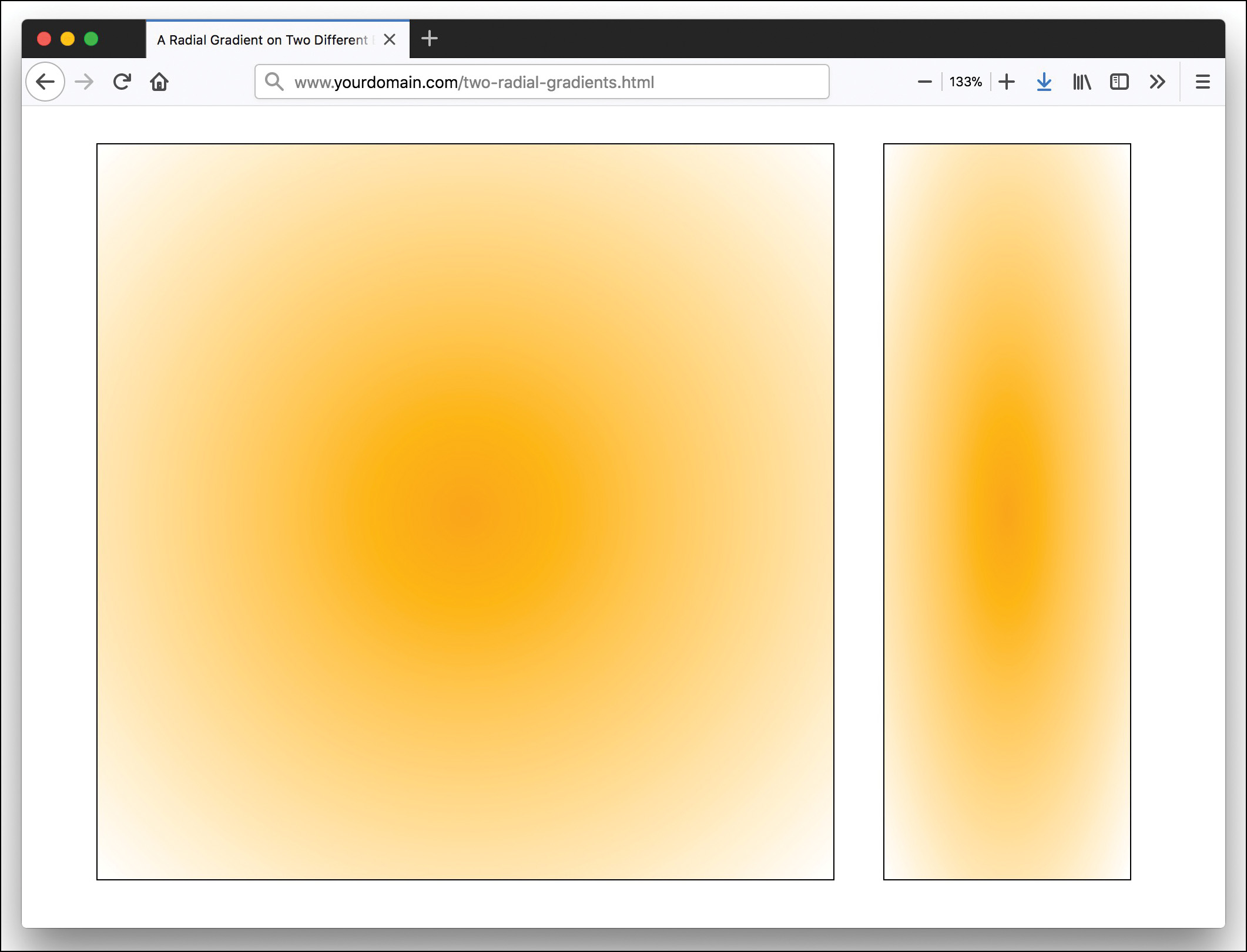 In the screenshot, a radial gradient is shown over two elements: a square, and a vertically oriented rectangle. The gradient takes the shape of a circle in the first case (square element), and an ellipse in the second element. The color is more dense at the center and fades outward. 