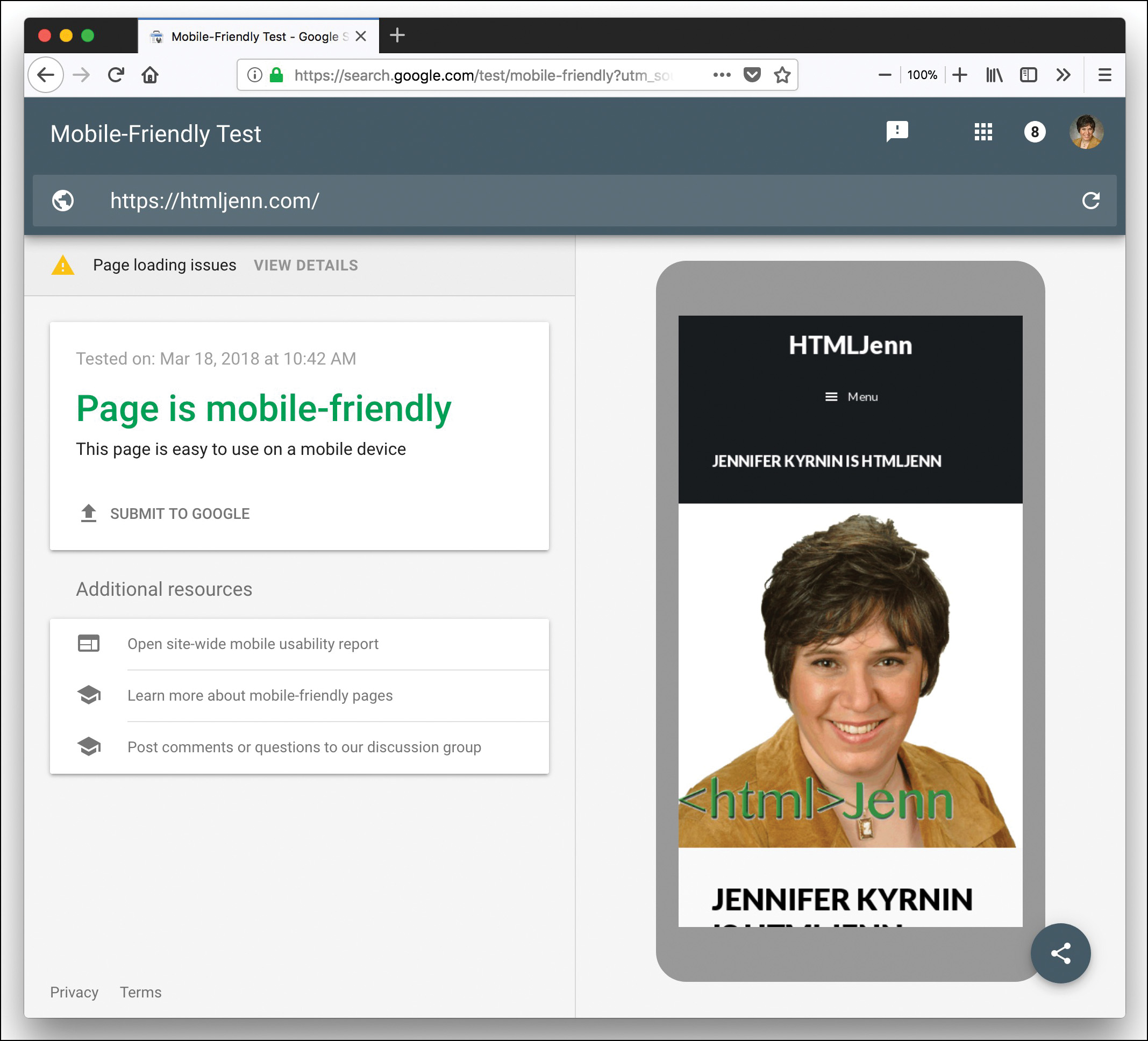 A screenshot illustrates how to perform the mobile-friendly test on a webpage.