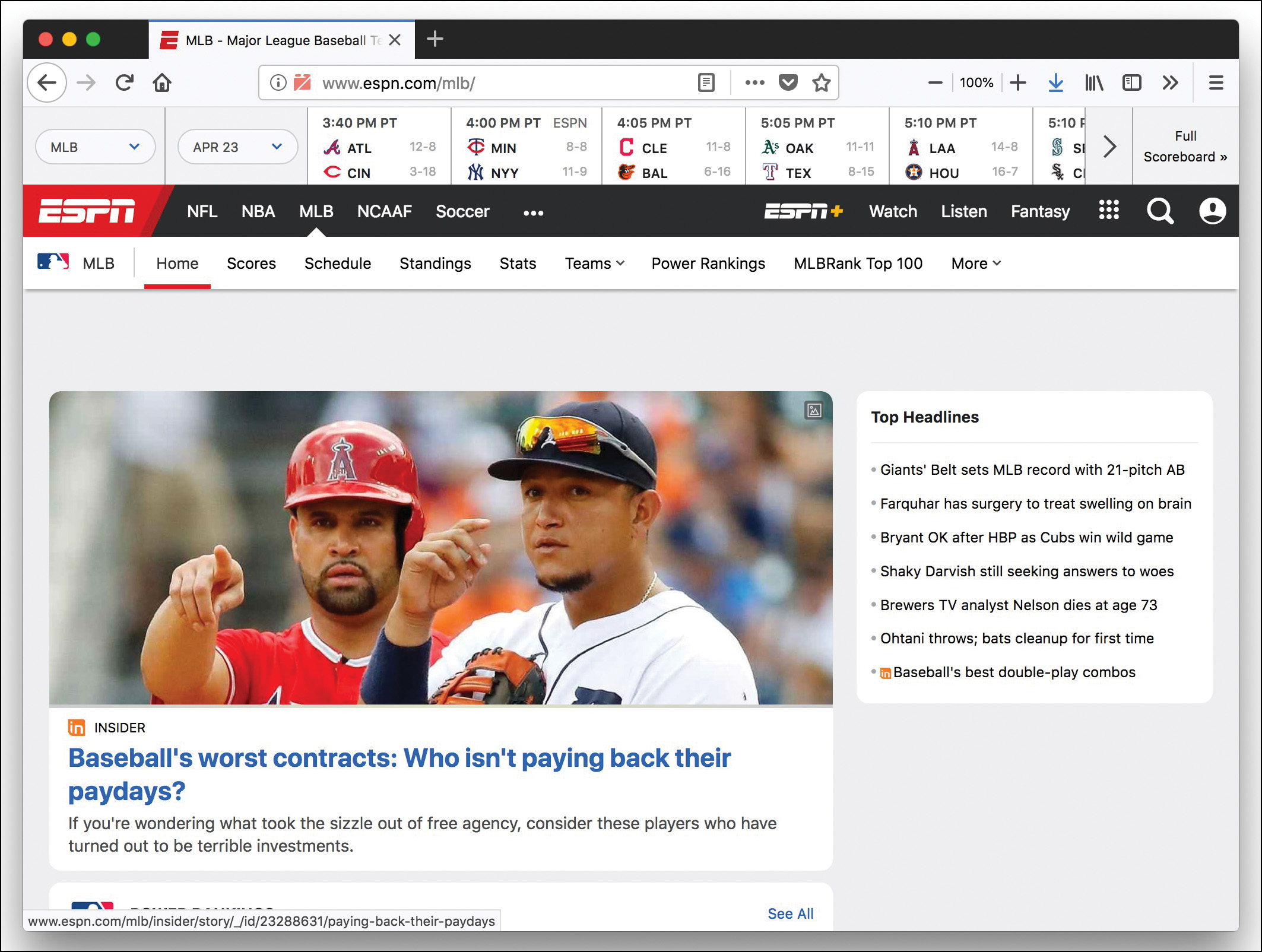 A screenshot of the website E S P N.com.