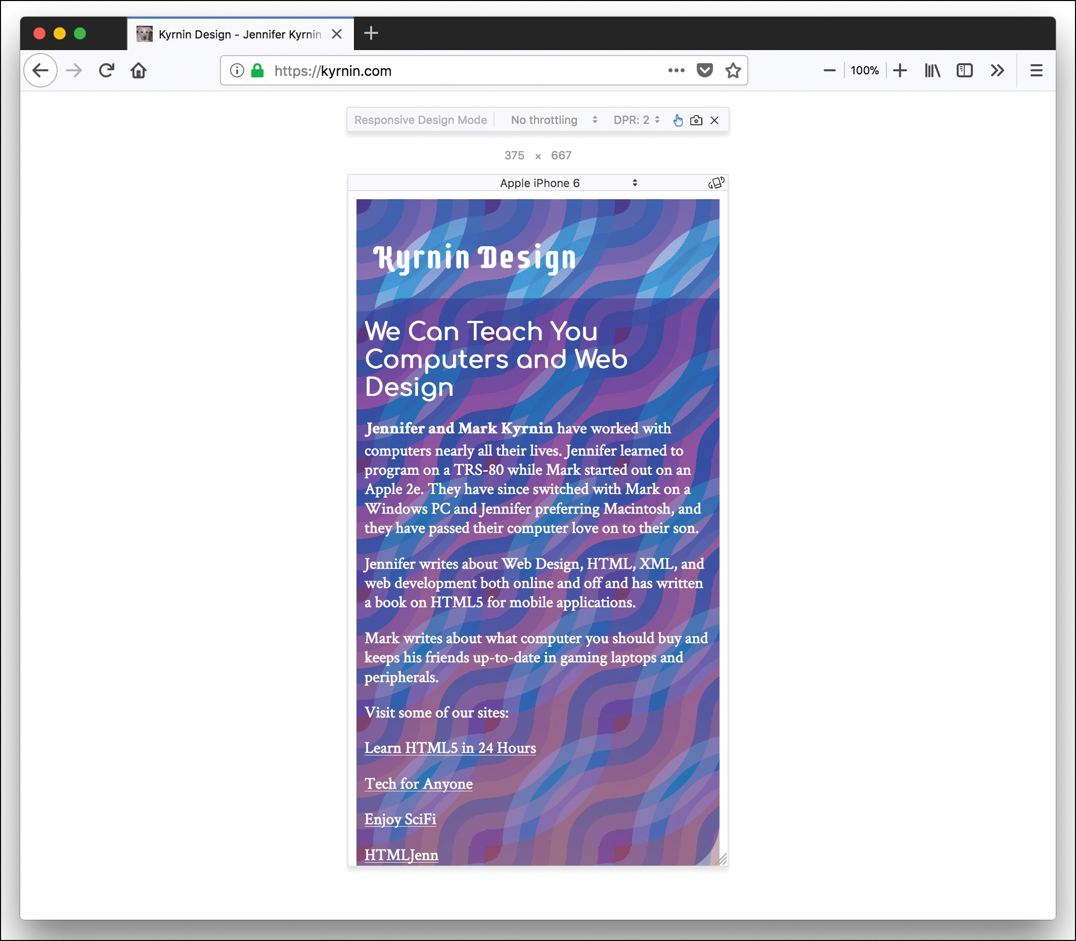 A screenshot of Firefox browser in responsive design mode. It has a simulated screen model for Apple iPhone 6 with 375 cross 667 display configuration. The content of the webpage displayed is divided horizontally.