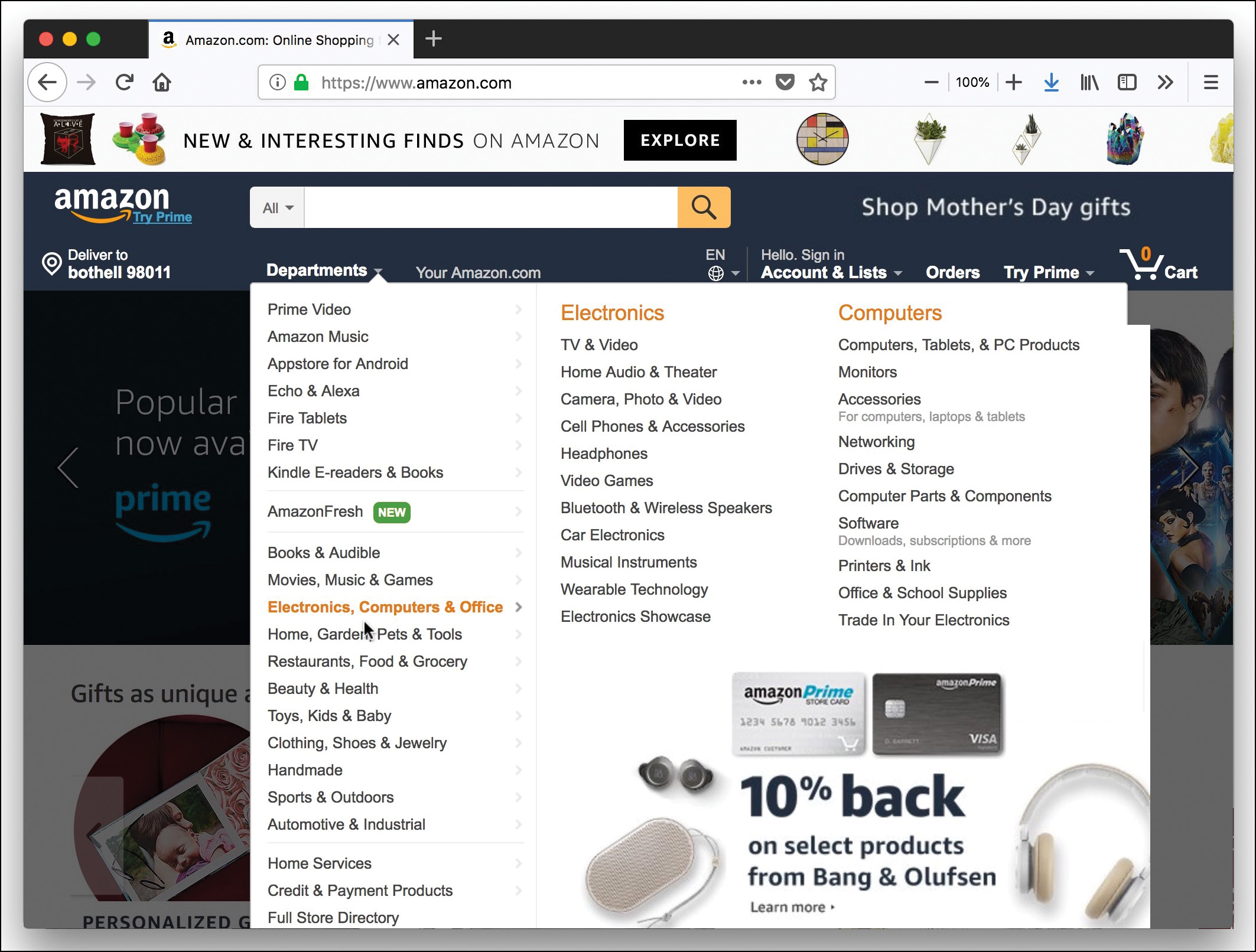 A screenshot of the Amazon Website is shown. The various links under the section "Department" are shown. The links are divided into sections based on their categories, such as, Books and Audible, TV and Video, Computers, Tablets, and PC Products.