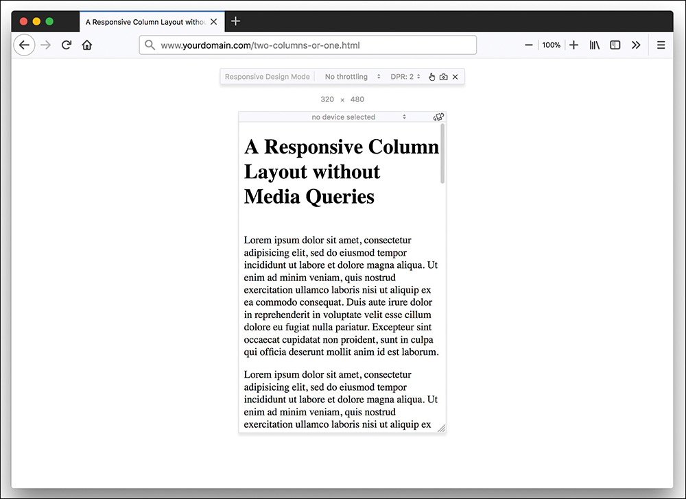 A screenshot of Firefox’s responsive design mode showing text rendered as a single column for a screen size of 320 cross 480. The output is displayed on a simulated mobile screen.