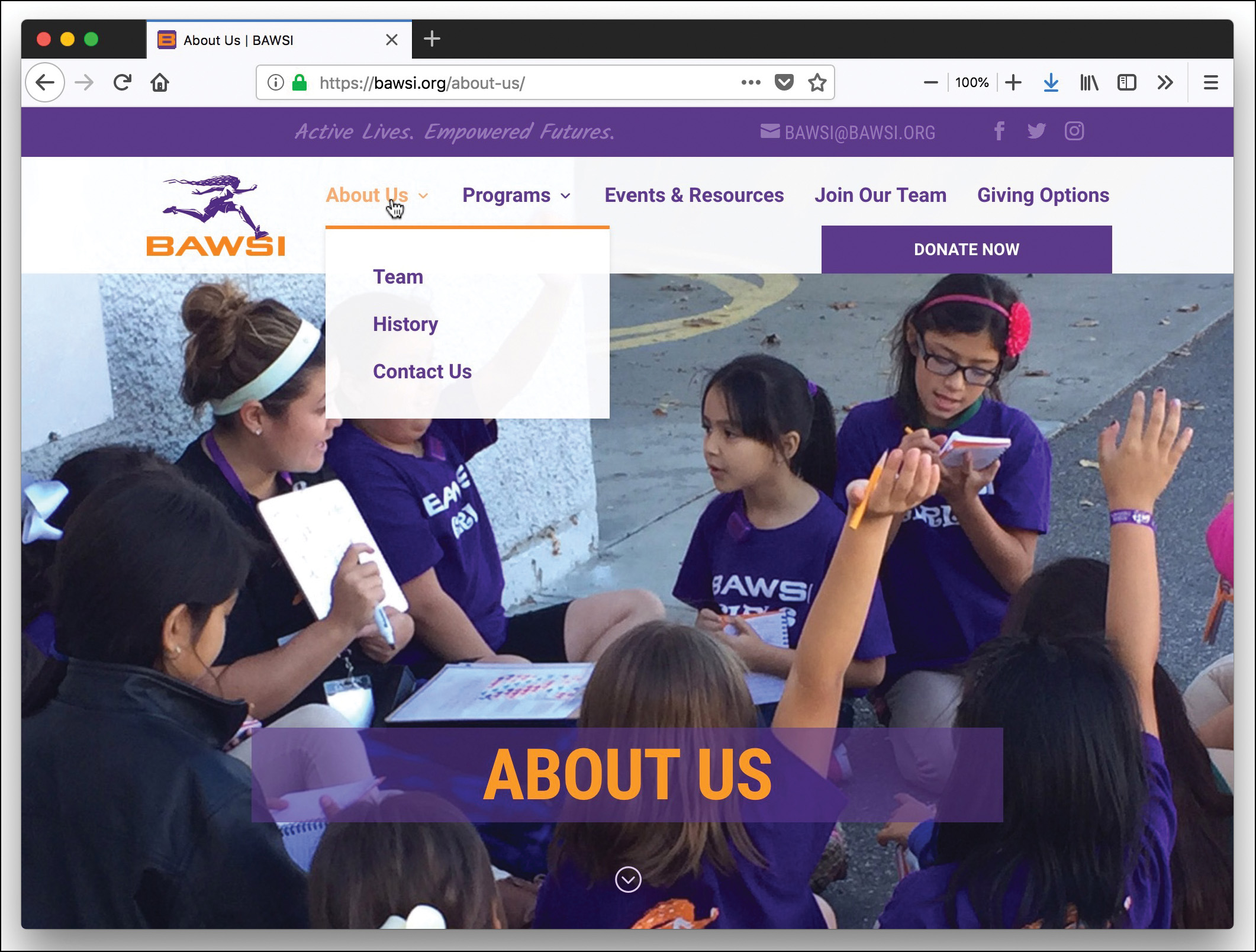 A screenshot of the official site of B ’A’ W S I. In the main navigation on the top, the "About" link is selected which reveals a drop-down menu with three more clickable options.