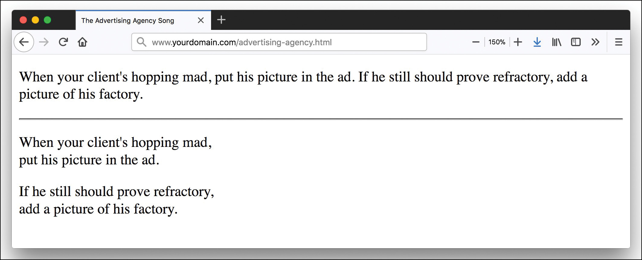 A screenshot shows a browser window titled "The Advertising Agency Song" that displays a paragraph at the top and the same divided into two separate sentences with line breaks and paragraph breaks.