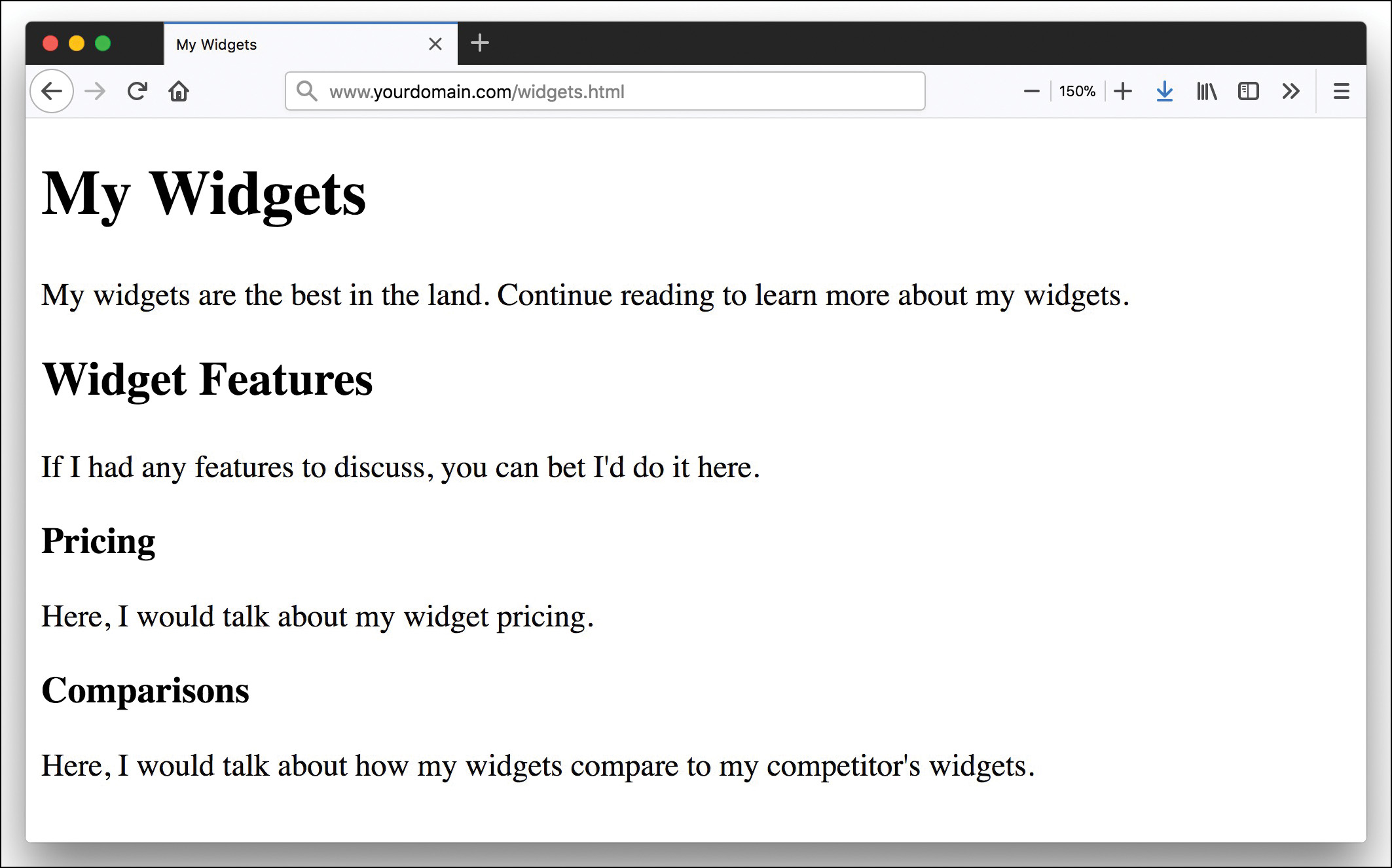 A screenshot shows the usage of levels of headings. The heading at the top is first level, which represents the title of the page. The other three headings in the page are in second level representing they are section headings.
