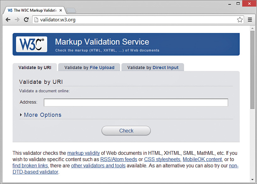 A screenshot shows the W3C validator page. It has three tabs of which Validate by URI is selected. It has a text box to capture the Address and a Check button to start the validation process.