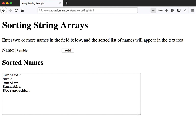 A screenshot shows the output rendered for sorting example file.