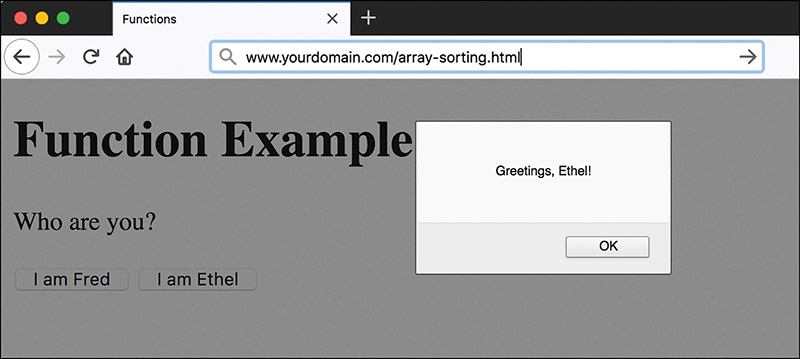 A screenshot shows the action of displaying an alert in the click of a button.
