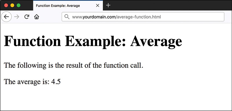 A screenshot illustrates the use of the Average function. The text in the main content area reads, The following is the result of the function call, and the result statement reads, The average is: 4.5.