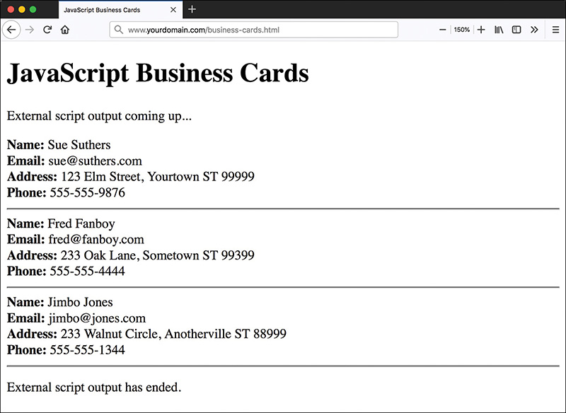 A screenshot shows the output rendered for Business Cards using JavaScript. The body of the page lists three records with fields Name, Email, Address, and Phone. A line is printed between two given records.