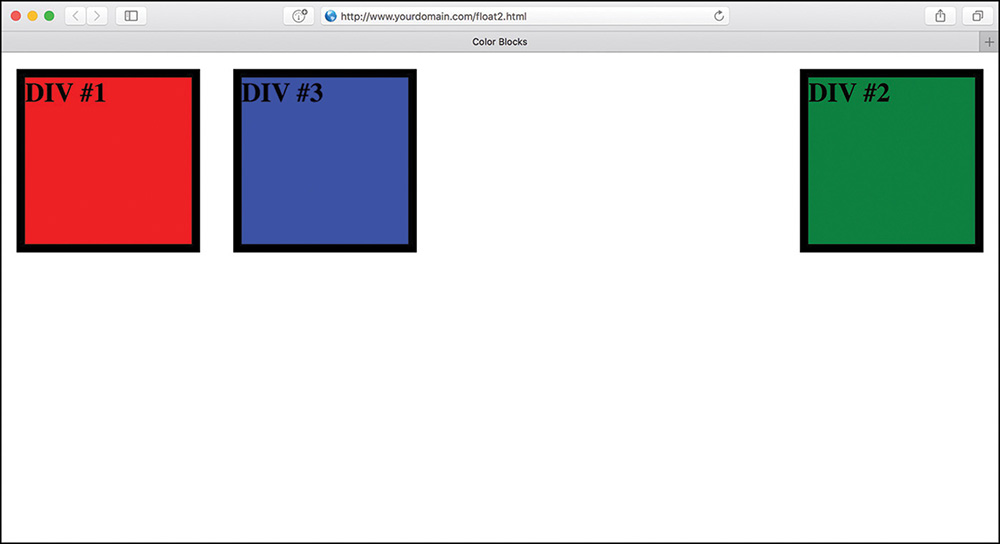 An output screen titled ‘Color Blocks’ shows three squares, labeled D I V numbers 1, 3, and 2 are shaded red, blue, and green positioned one after the other, horizontally. 1 and 3 are left aligned; 2 is right aligned.