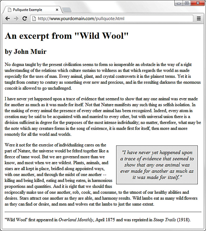 A screenshot shows the output of "Pullquote" file. The main body of the page has text presented in three paragraphs. To the right of the third paragraph, a box enclosing a small paragraph of text is shown.